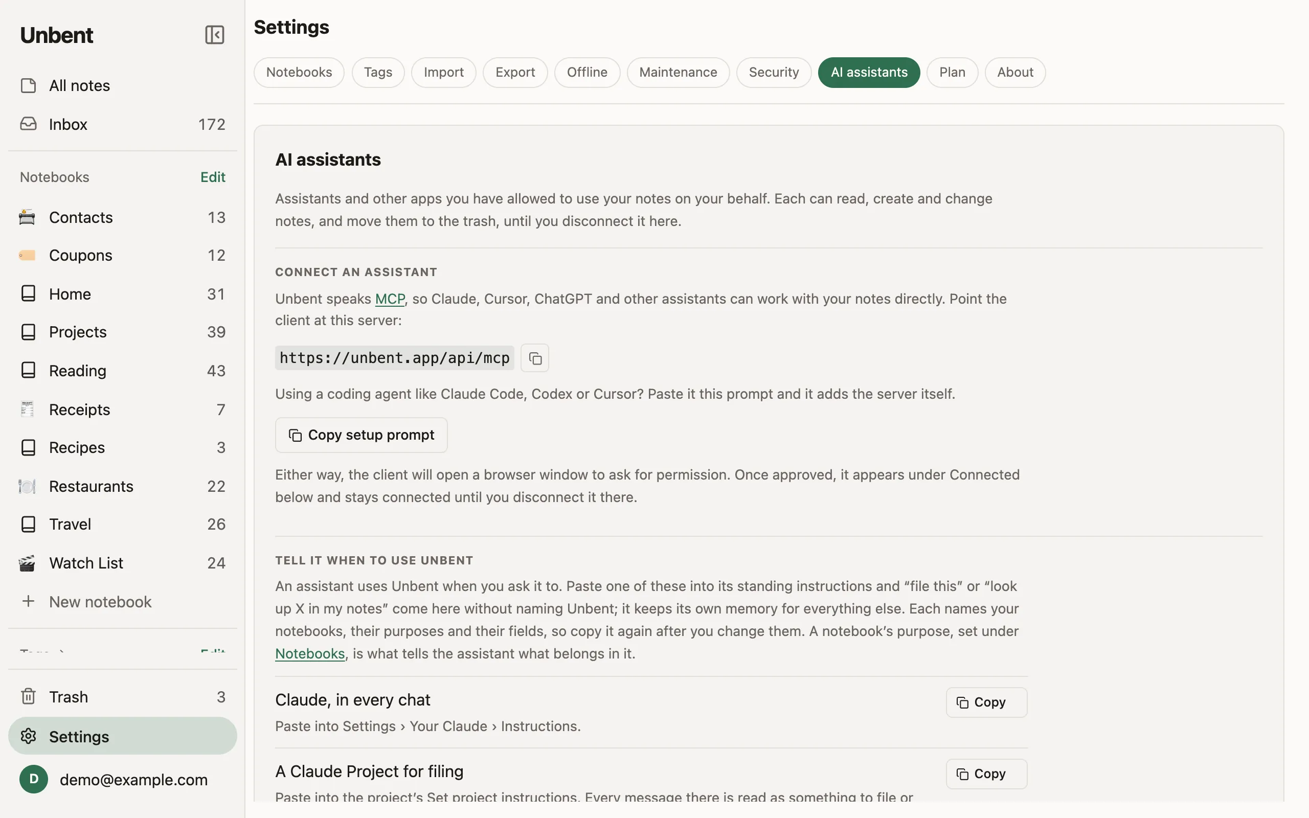 The AI assistants settings page, with the address an assistant connects to and the instructions to paste into it.