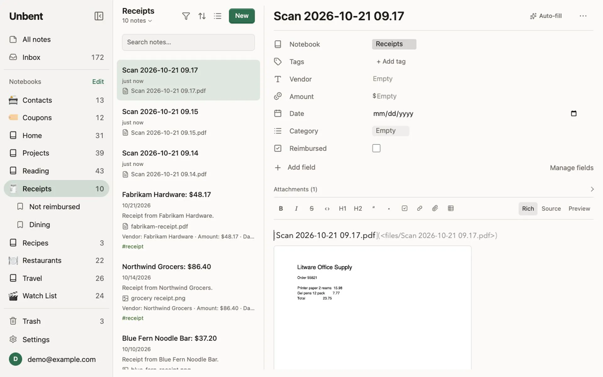 Auto-fill pressed on a note that is only a scan: the title, a tag, the vendor, amount, date and category fill in.