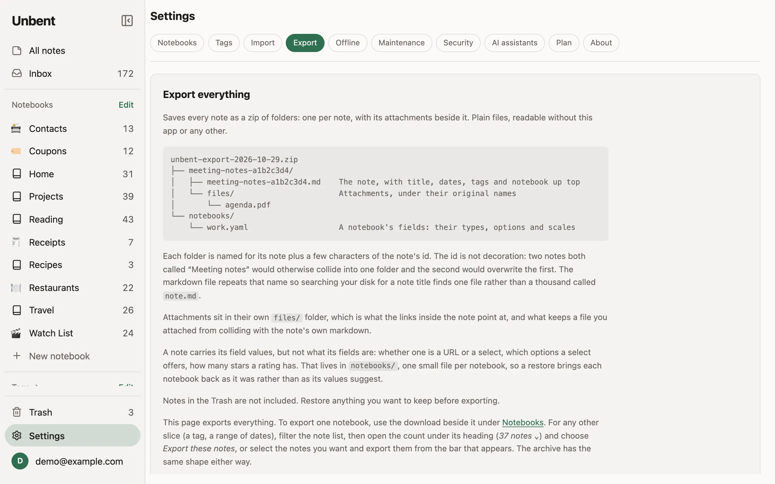 The Export settings page, showing the folder an export produces: one folder per note, its Markdown file and its files beside it.