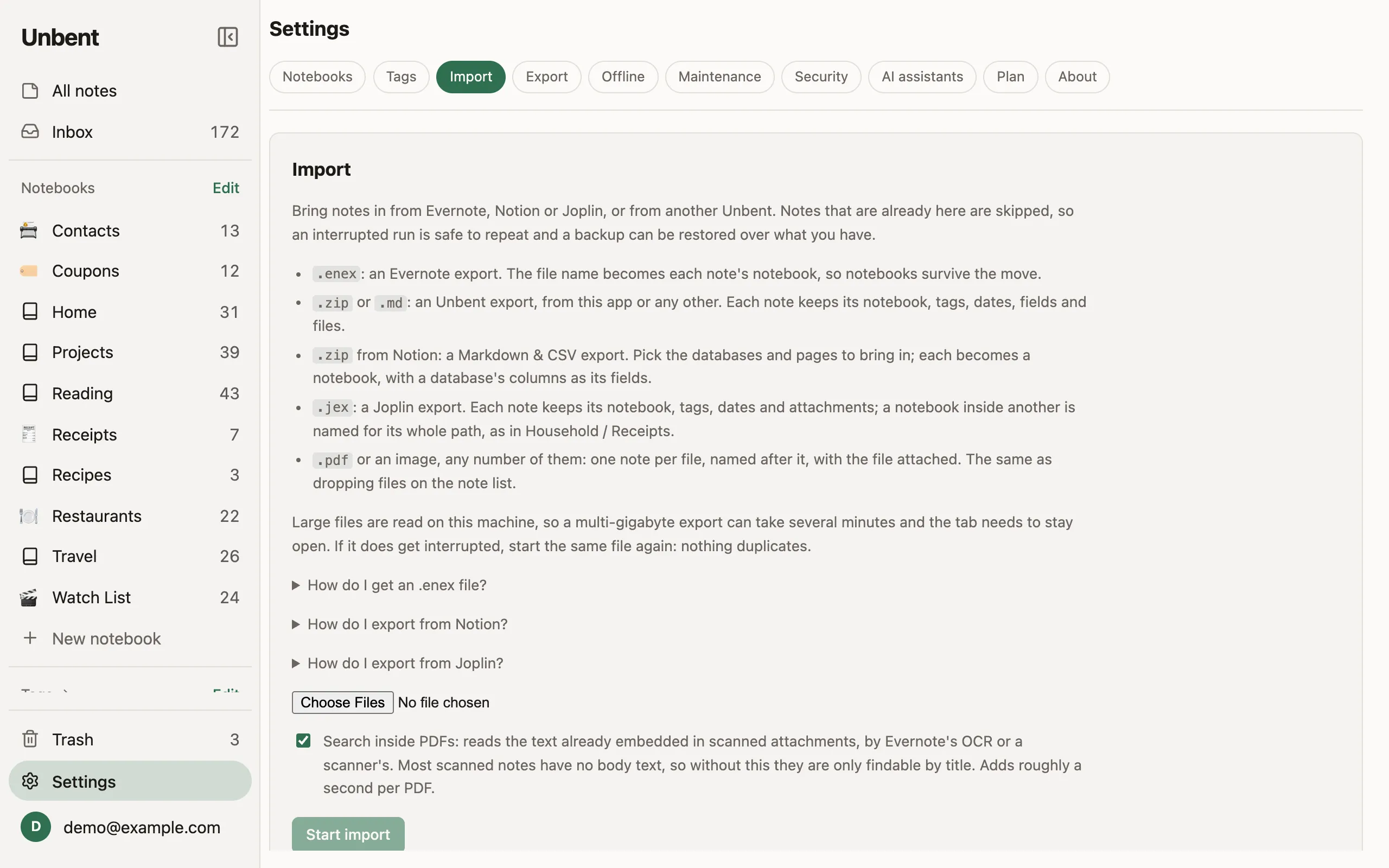 The Import settings page, listing the exports it takes: .enex, an Unbent zip, a Notion zip, a Joplin .jex, and PDFs or images.