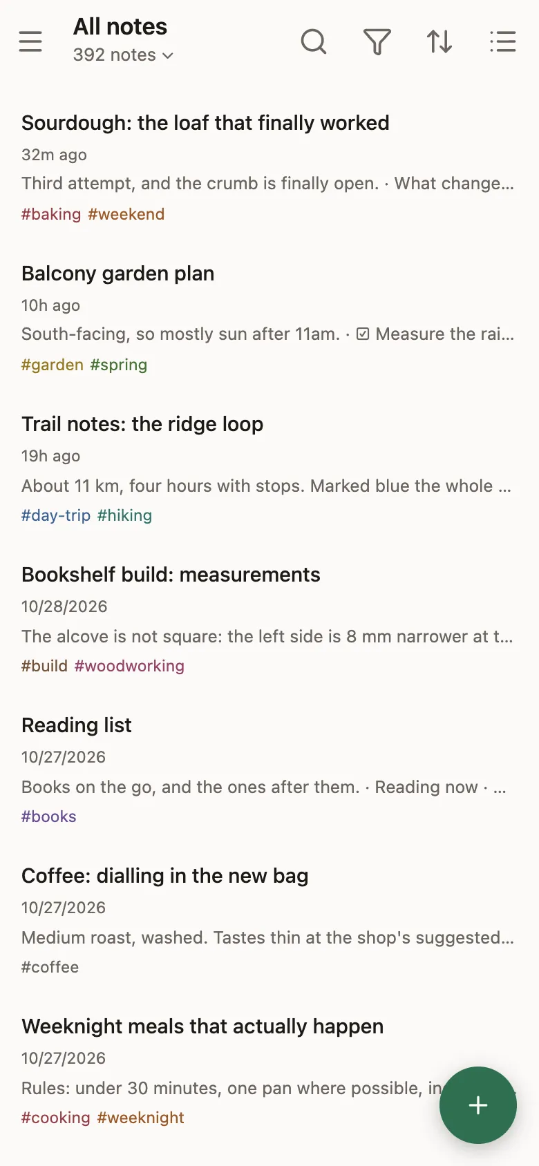 The note list on a phone.