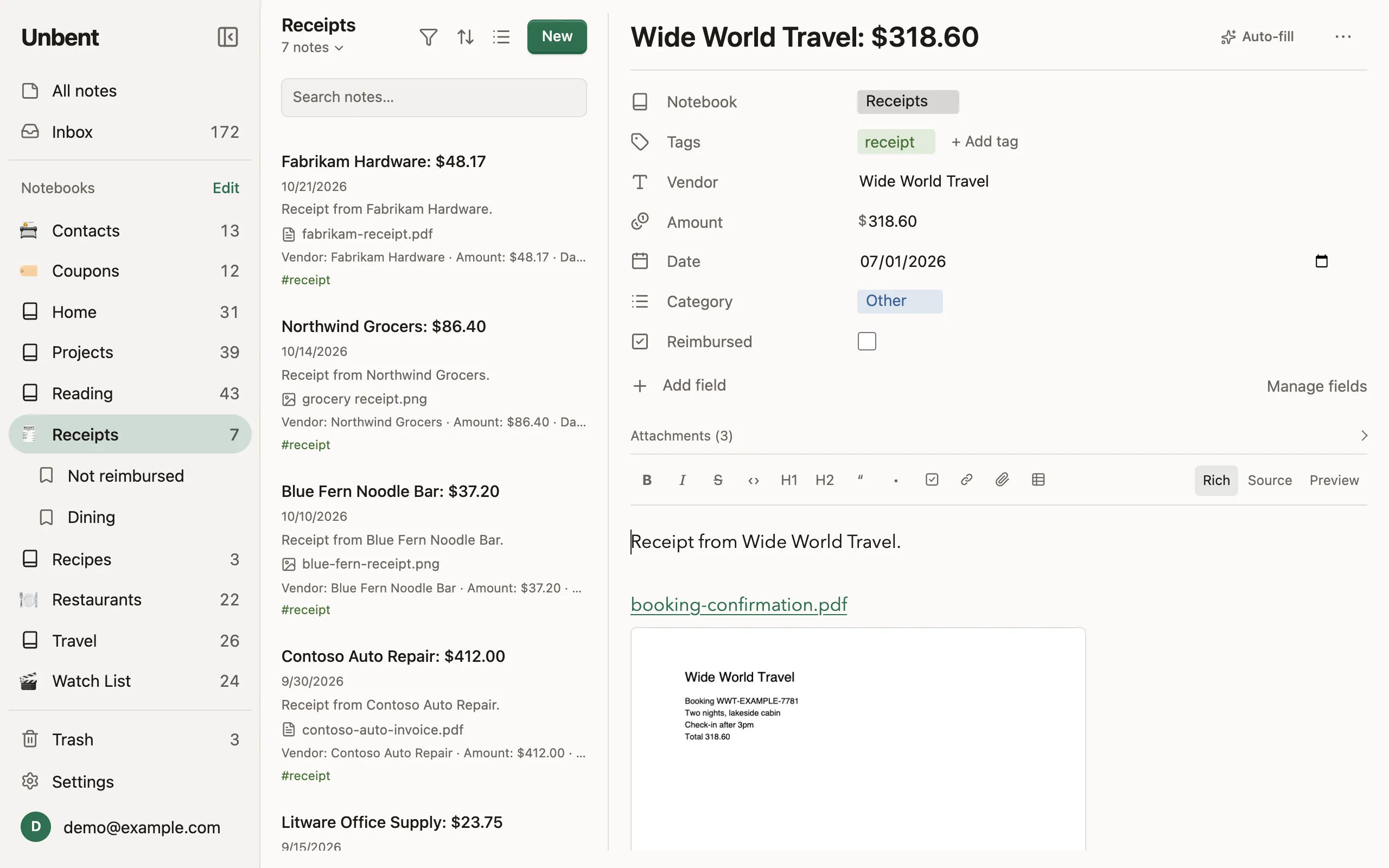 A receipt open beside the list: its notebook, a tag, and the vendor, amount, date, category and reimbursed fields above the scan.