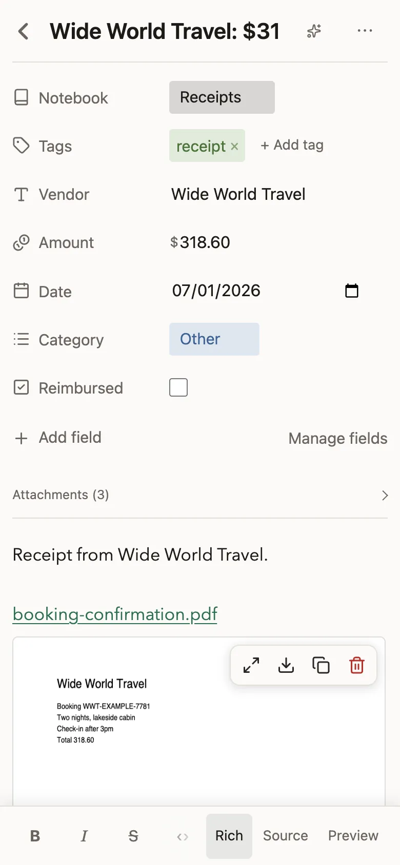 A receipt open on a phone, its fields above the scan.