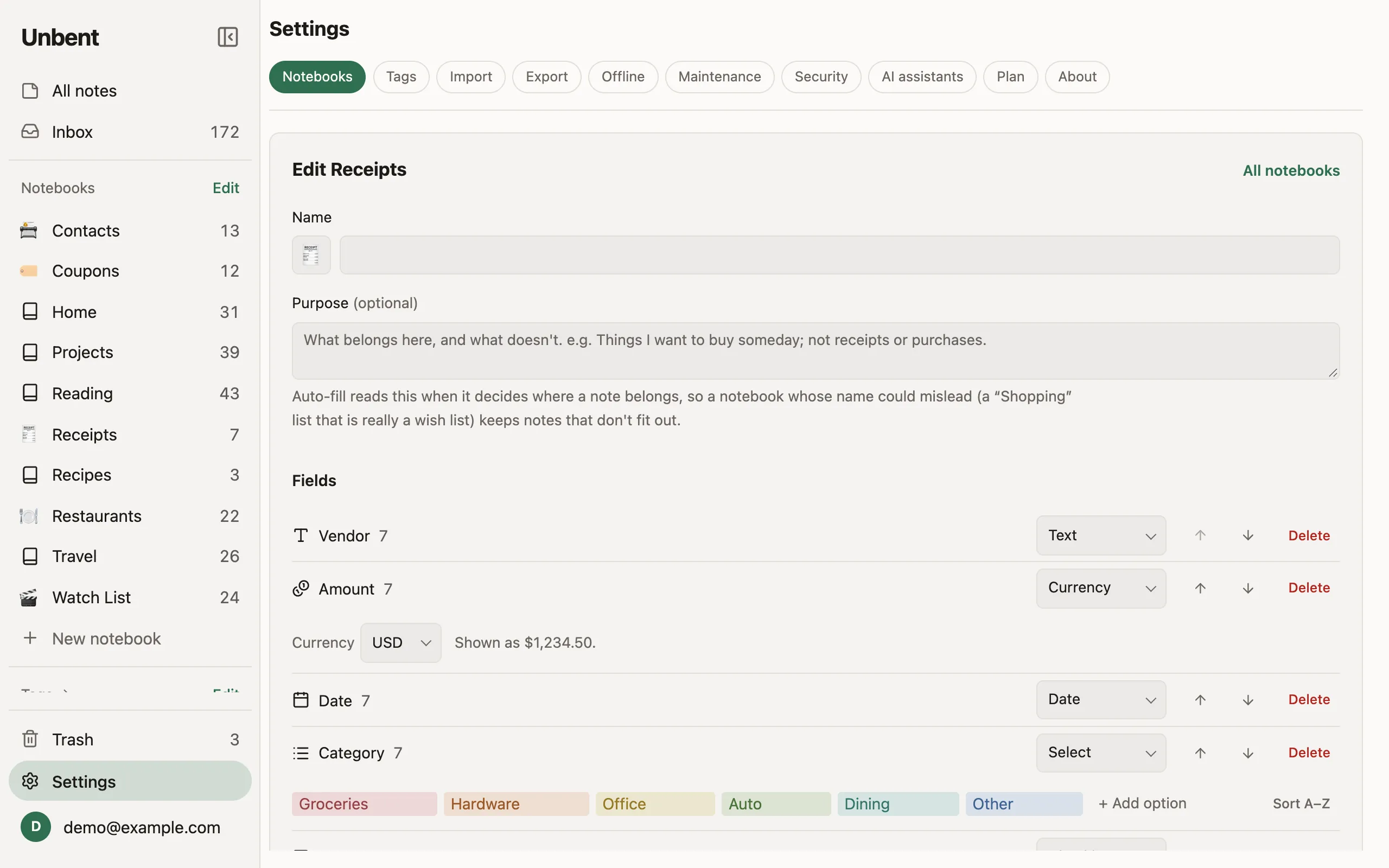 A notebook's settings: its name, its purpose, and its fields with their types and options.