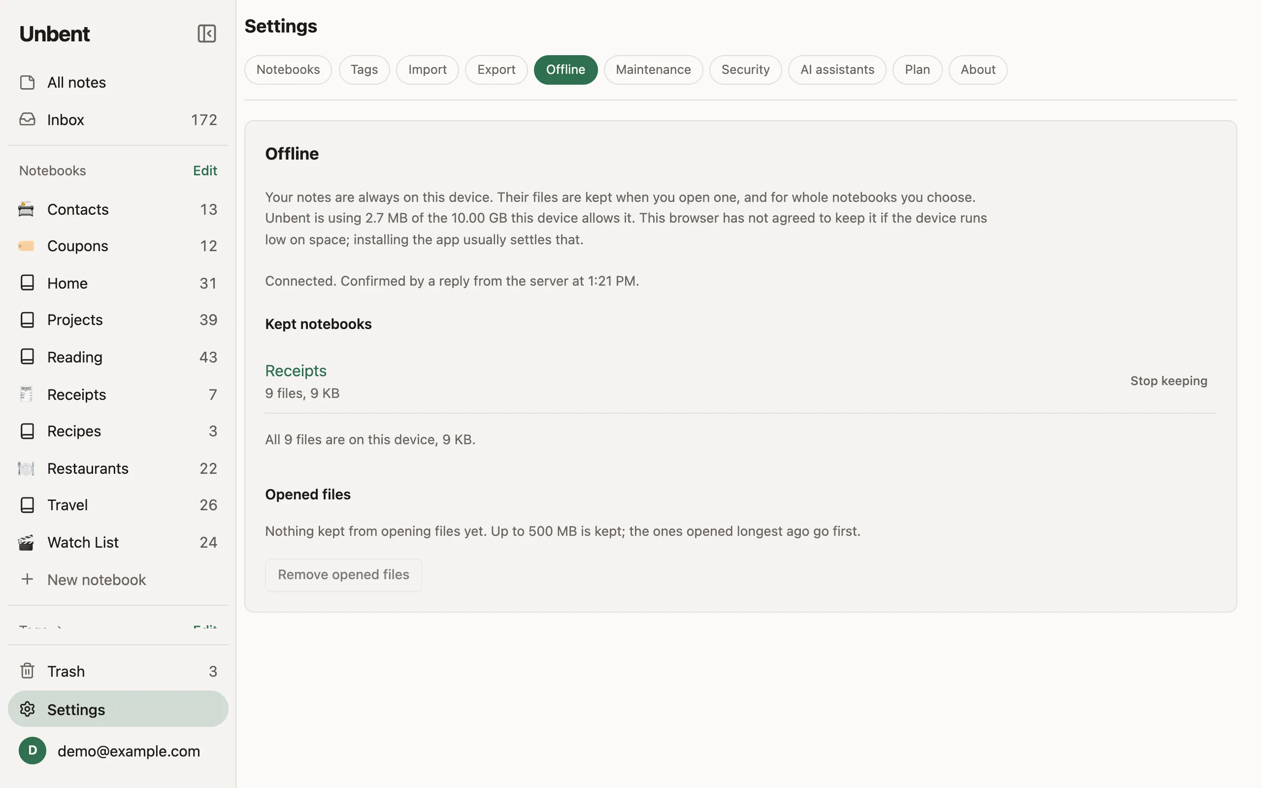 The Offline settings page: how much of the device the library uses, and the Receipts notebook kept offline with all of its files on the device.