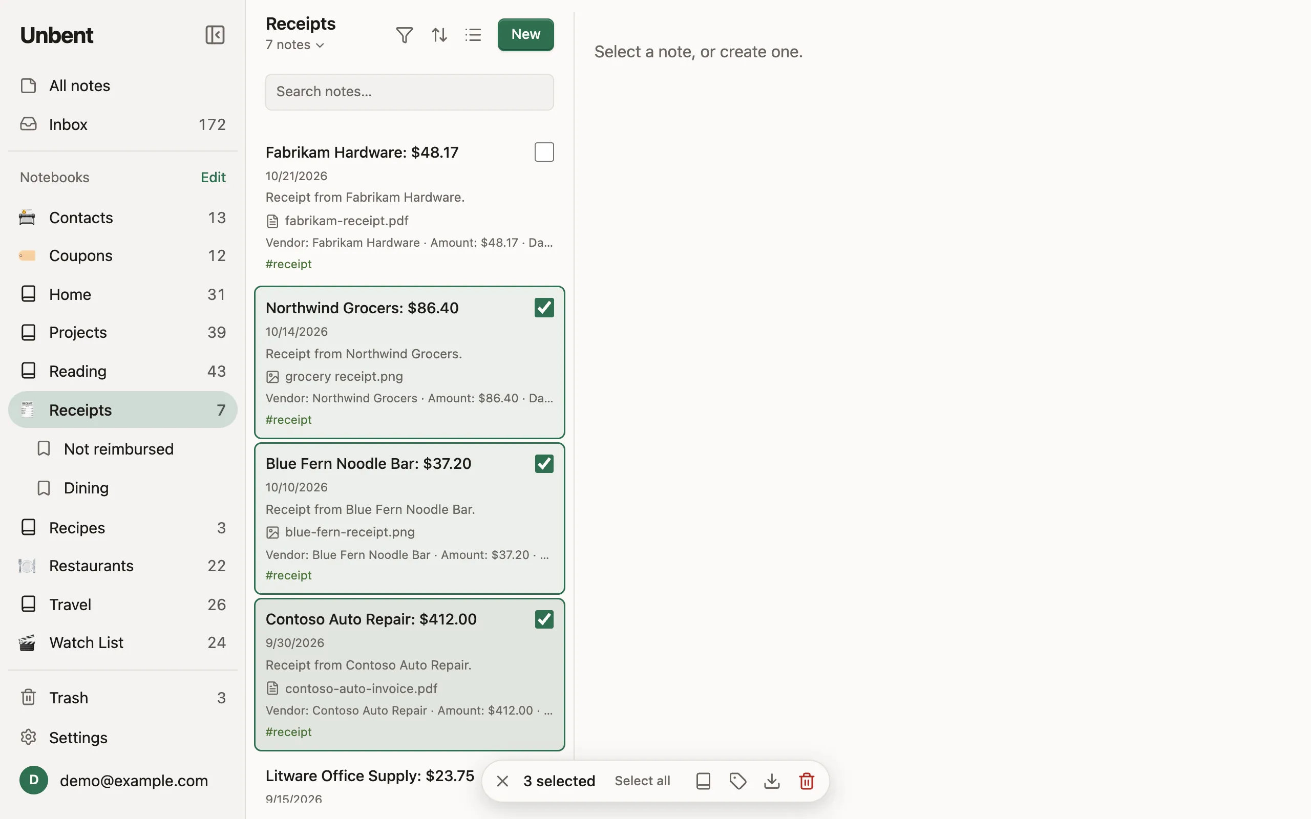 Three receipts selected in the list, with a bar offering to move, tag, export or delete them together.