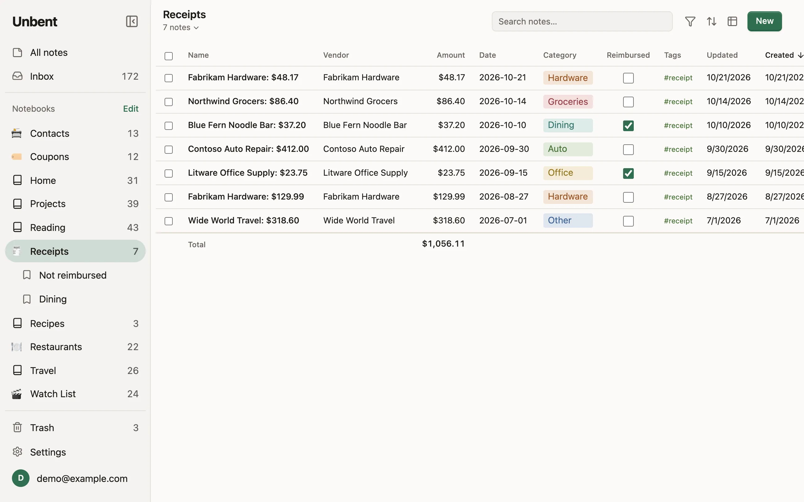 The Receipts notebook as a table: a column per field, sortable, with the amounts totalled underneath.