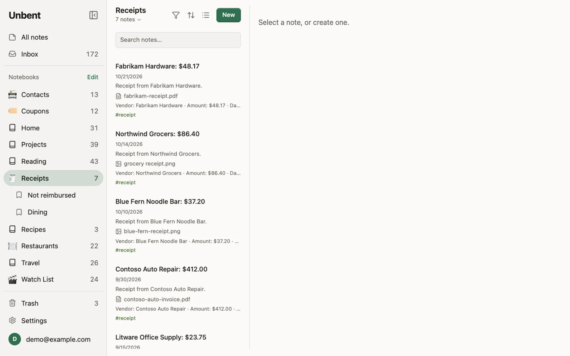 Two saved views of the Receipts notebook opened in turn: Not reimbursed, as a table with a total, then Dining.